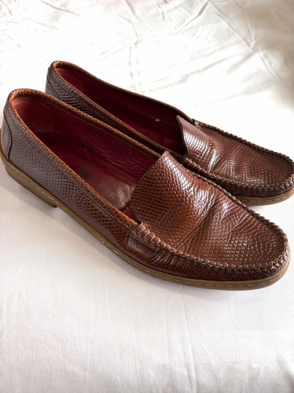 Salvatore Ferragamo Brown Textured Leather Slip-On Loafers women’s 10 flats shoe